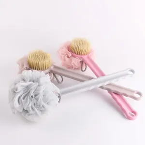 Long handle bath body brush with soft bristles and mesh sponge puff for shower cleaning