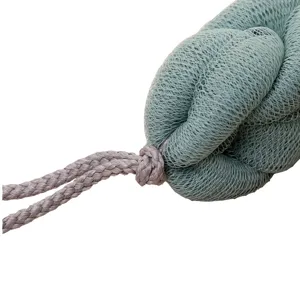 Large mesh bath sponge and back scrubber with hanging cord for deep body cleansing and daily shower use.