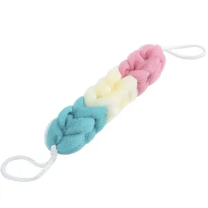 Long mesh bath sponge for shower, colorful braided body scrubber with hanging loops.