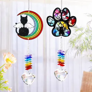 Crystal Sun Catcher Window Hanging Ornament Moon Cat Paw Green Butterfly Prism Suncatcher Rainbow Maker Home Garden Decor