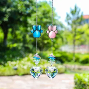 Crystal Sun Catcher Wind Chime With Rhinestone Dog Paw Pendant Rainbow Maker Garden Window Hanging Decoration