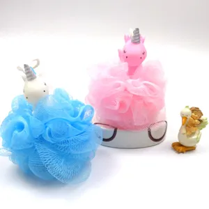 Cute unicorn mesh bath sponge detail view, soft foaming shower pouf for body cleaning.