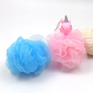 Cute cartoon unicorn bath sponge detail view, soft mesh foaming body scrubber for shower.