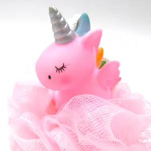 Cute unicorn bath sponge for kids, soft mesh loofah for body scrubbing and daily shower cleaning.