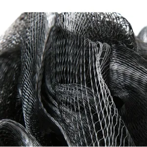 Detailed close-up view of the black mesh bath sponge showing soft resilient texture material.