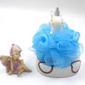 Cute unicorn bath sponge with soft blue mesh loofah and ceramic base for daily cleaning.