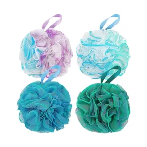 Lot de 4 grands éponges de bain en résine PE douce et colorée avec lanière de suspension.