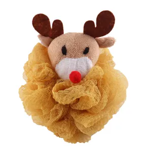 Cute Christmas reindeer shower puff detail, soft mesh bath sponge for daily body cleaning.