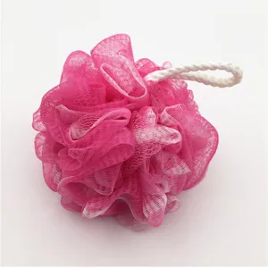 Pink white mesh shower puff detail, soft foaming bath sponge with hanging cord for daily clean.