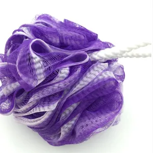 Purple and white mesh bath sponge loofah soft foaming ball with hanging cord for shower