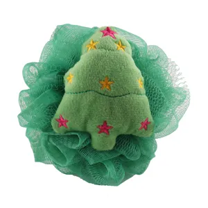 Christmas series mesh bath sponge with cute plush tree ornament for festival shower cleaning.