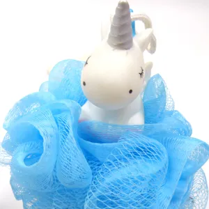 Cute unicorn bath sponge with blue mesh loofah for daily body cleaning and shower fun.