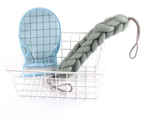 Mesh bath sponge set with a blue grid mitt and a braided grey back scrubber for daily use.