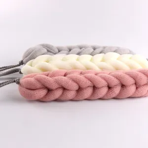 Long mesh shower sponge, 3-color stretchable back scrubber for daily body cleaning and bathing.