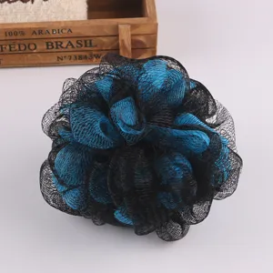 Blue and black mesh bath sponge for body washing, gentle exfoliating shower loofah puff.
