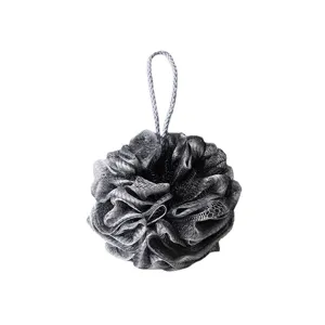 Grey soft mesh bath sponge with hanging loop for daily shower body cleaning main view