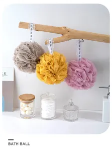 Candy color soft bath sponge mesh puff ball with hanging strap for daily body showering and cleaning