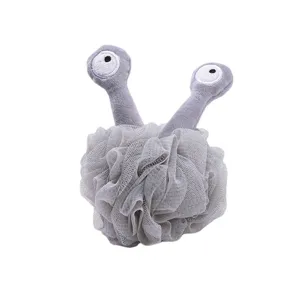 Éponge de douche mignonne avec filet souple et yeux en peluche pour un nettoyage corporel doux.