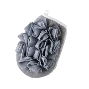 Grey dual-sided bath sponge glove with exfoliating mesh and scrubbing surface for daily shower.