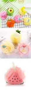 Cute cartoon fruit shower balls soft mesh bath sponge exfoliating body puff for daily bath cleaning