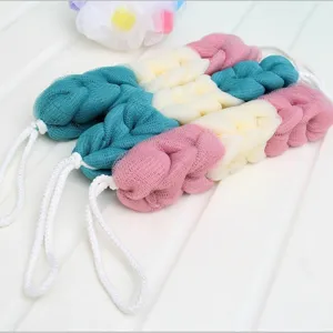Multi-color mesh bath back scrubber strap with hanging ropes for comfortable exfoliating daily use.