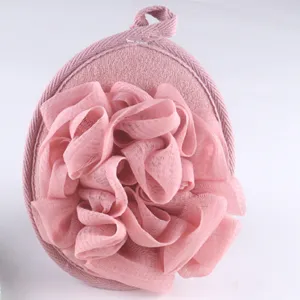 Roze mesh bad spons handschoen peeling douchescrubber met handlus voor milde reiniging.