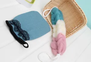 Exfoliating bath sponge and mesh mitt set, soft body scrubber for deep cleaning shower.