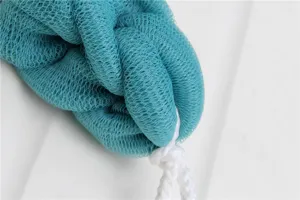 Turquoise bath mesh strip with hanging cord, soft exfoliating body scrubber for daily shower.