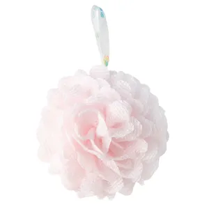 Esponja de baño rosa de malla con lazo para limpieza corporal y ducha diaria suave y fácil.