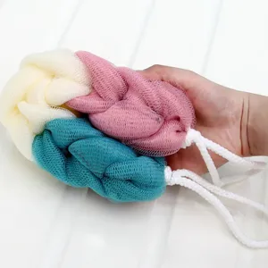 Nordic style mesh bath strip, large stretchable shower body scrubber with hanging lanyard.