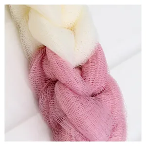 Dual color mesh bath sponge and back scrubber for shower, soft exfoliator net ball for daily use.
