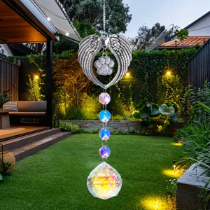 Crystal Sun Catcher Garden Courtyard Wind Chime Dog Paw Angel Wing Pendant Memorial Hanging Ornament