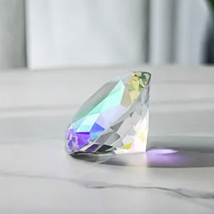 Iridescent crystal glass diamond paperweight multi-cut faceted tabletop home decor display.