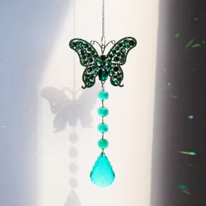 Crystal butterfly suncatcher pendant, colorful hanging crystal prism for window garden decor.