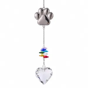 Crystal suncatcher wind chime with metal paw print and heart pendant for garden decor.
