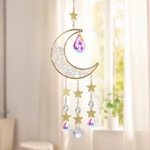 Leichter Luxus Kreativer DIY Kristall Sonnenfänger Goldenner Mond Stern Stein Windspiel Hängender Anhänger
