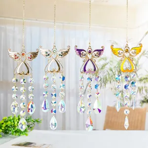 Crystal angel suncatcher pendant detail shot, colorful hanging crystal prism for home window garden decor.