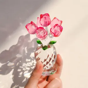 Crystal rose flower figurine for desktop decor, pink glass bouquet ornament for mothers day