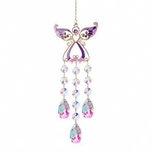 Detail view of crystal angel suncatcher pendant with purple wings and sparkling hanging beads.
