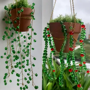Handmade Crystal Bead Wind Chime Sun Catcher Hanging Bonsai Decor Ceramic Pot Wood Branch Creative Garden Ornament