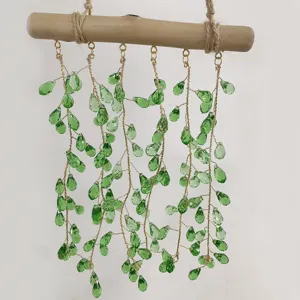 Handmade green crystal teardrop bead hanging suncatcher wind chime wooden branch home decor
