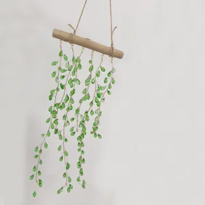 Handmade green crystal suncatcher hanging decor with wooden stick and beaded vines