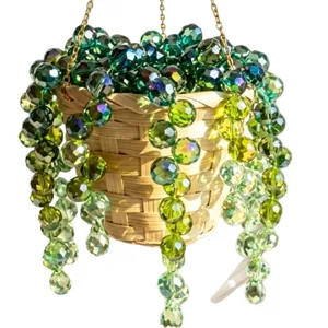 Crystal suncatcher hanging plant decor, beaded wind chime bonsai for home garden decor.