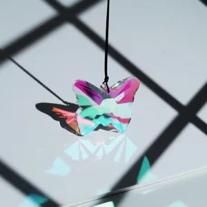 Crystal butterfly suncatcher pendant with hanging rope, beautiful colorful light refraction decor.
