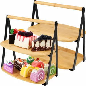 Double tier wooden cake stand dessert display rack with bamboo tray and metal frame details.