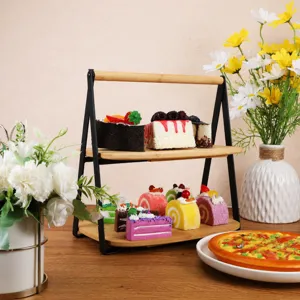 Two-tier wooden dessert rack pastry display stand with black metal frame and bamboo handle.