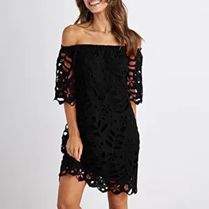Vestido corto negro de encaje con hombros descubiertos mujer manga corta vestido de fiesta