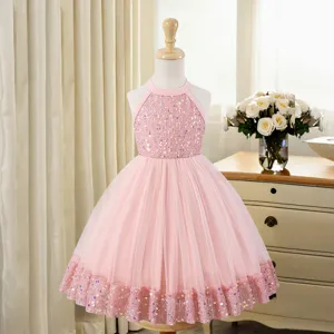 Abito rosa in tulle con paillettes per bambine, vestito estivo elegante da festa principessa.