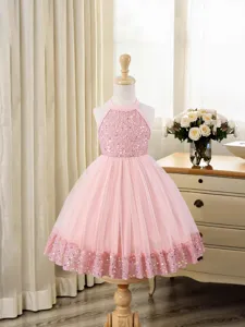 Abito da Bambina in Tulle Rosa con Paillettes Estivo Senza Maniche a Fascia Abito da Principessa per Compleanno Festa Matrimonio