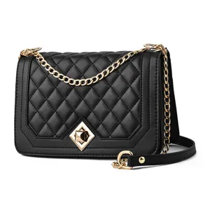 Schwarze gesteppte Umhängetasche für Damen, elegante Handtasche mit goldener Kette
